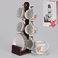 Набор чайных чашек с блюдцами керамических (Набор чайных пар или шапо) на деревянной подставке 200 мл