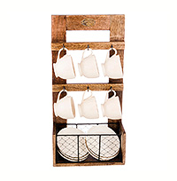 Набор чайных чашек с блюдцами керамических (Набор чайных пар или шапо) на деревянной подставке 24х13,5х48 см