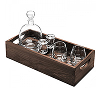 Набор для виски из стекла (штоф и стаканы) с кувшином на деревянной подставке